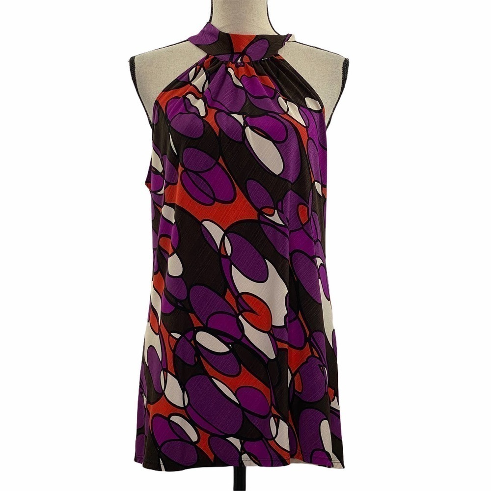 Ny Collection Choker Geometric Printed Blouse L